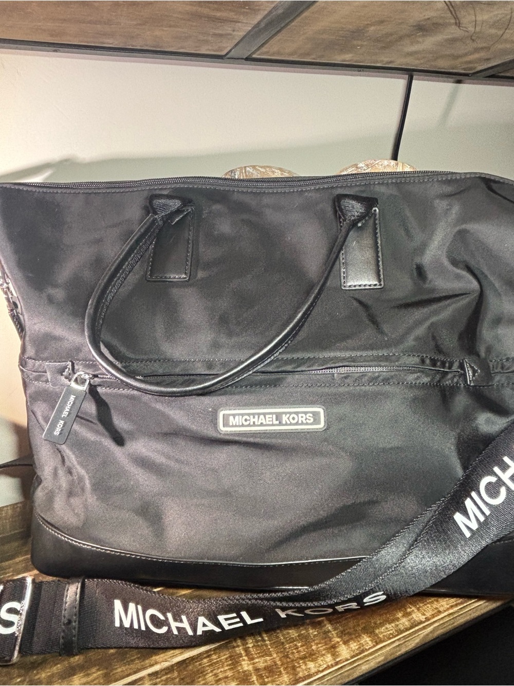 Michael Kors Black Logo-Trim Nylon Tote with Shoulder Strap